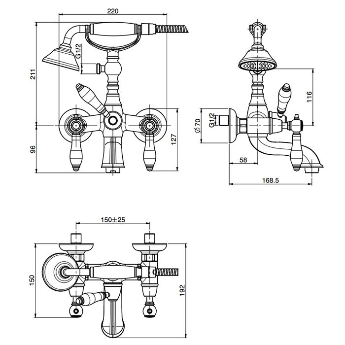 Fima Carlo Frattini Herend Смеситель для ванны, настенный, с ручным душем., цвет: хром