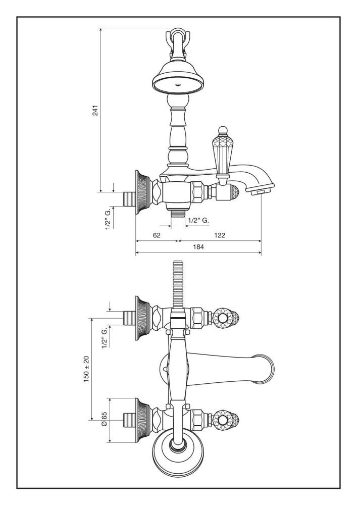 Emmevi The One Atena, смеситель с ручным душем для ванны. Черные кристаллы Swarovski, цвет хром