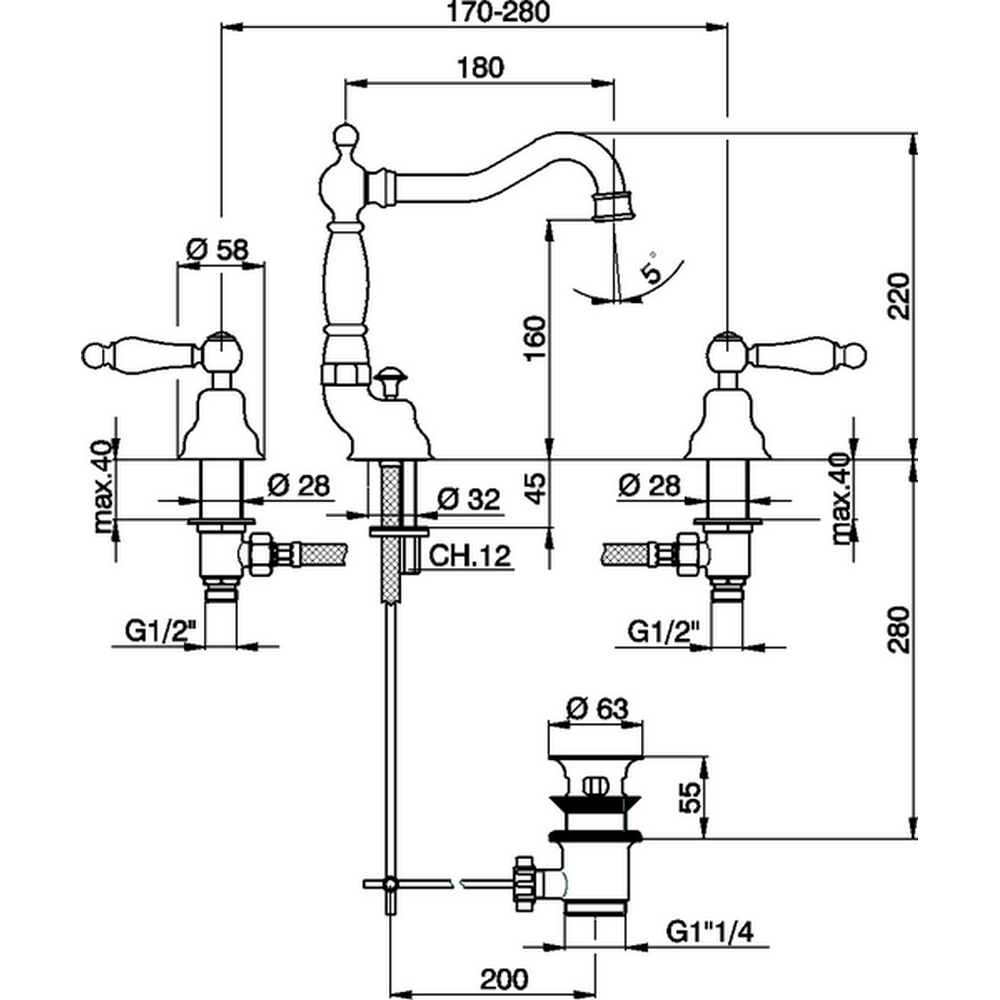 CISAL Arcana Toscana Смеситель для раковины на 3 отверстия с донным клапаном, цвет хром