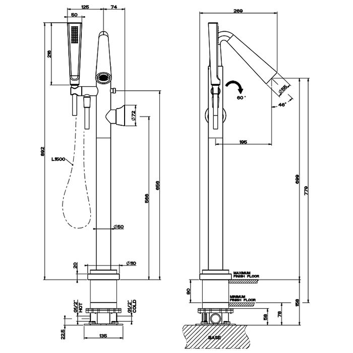 GESSI CONO Смеситель для ванны напольный, с ручным душем и шлангом 1500 мм., внешняя часть, цвет хром