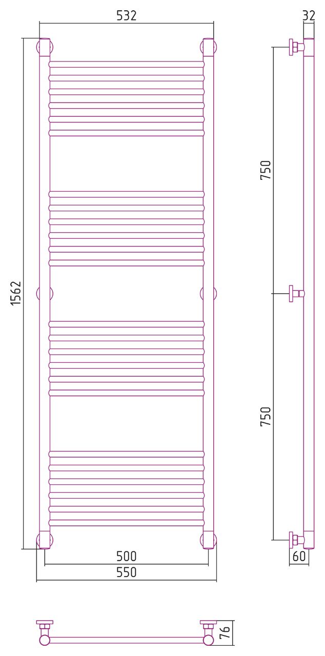 Полотенцесушитель водяной "Богема+" прямая 1500х500 (Матовый Белый)