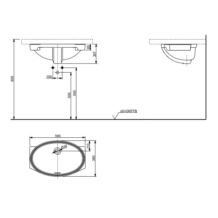 TOTO WU  Раковина встраиваемая снизу, 590 × 380 × 207 мм,с переливом, цвет белый