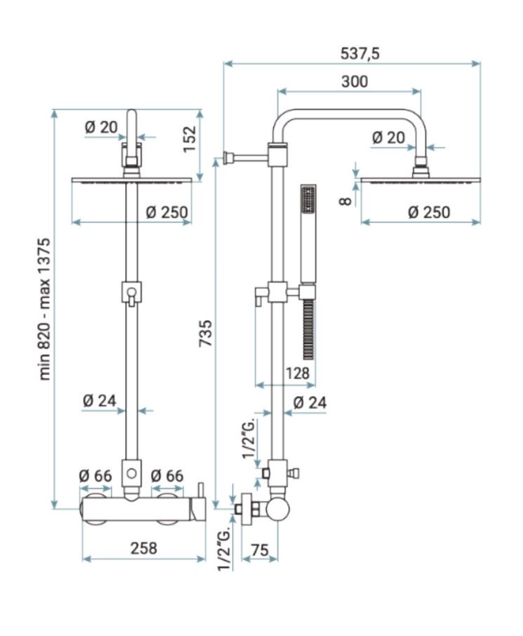 Emmevi Piper, душевая колонна из латуни, регулируемая по высоте 82-137,5 см: со смесителем и круглым антикальковым верхним душем 25 см, цвет черный ма, артикул 4500584/NEO