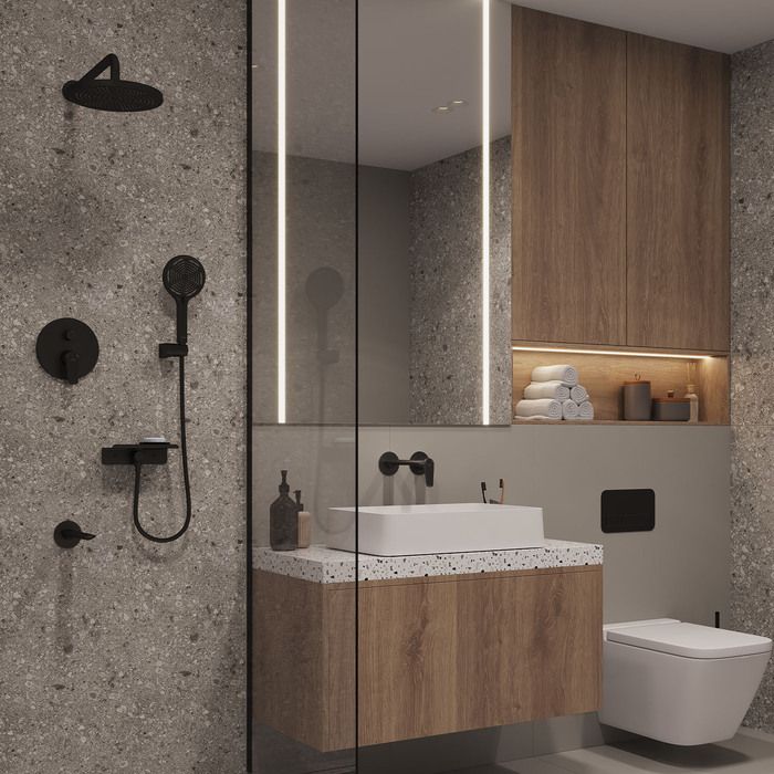 Душевая система скрытого монтажа с тропическим душем, ручным душем и изливом, черный матовый, Dale, Milardo, DALBL03M68, артикул DALBL03M68