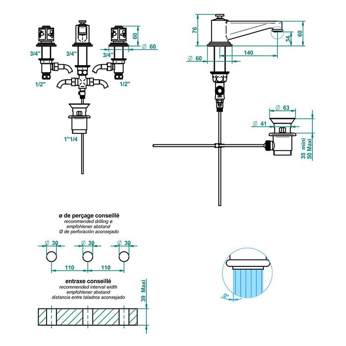 THG CAPUCINE MAUVE DECOR OR Смеситель для раковины на 3 отверстия, с донным клапаном, декор золото/лиловый, цвет полированное золото