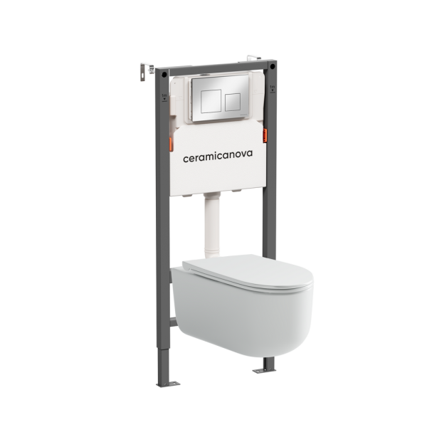 Комплект Подвесной унитаз Ульма (Ulma) Безободковый (Rimless) + Система инсталляции Баланс (Balance) кнопка Квадрат (Square), хром глянцевый