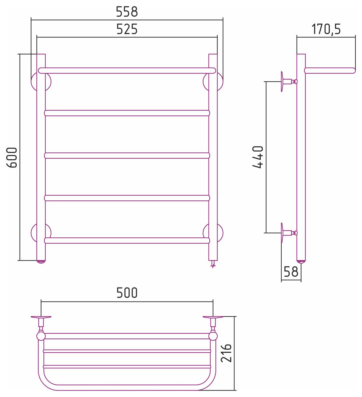 Электрический полотенцесушитель СТИЛЬЕ "Формат 30 П" 600х500 (Полка + 4) П16 (Без покрытия)