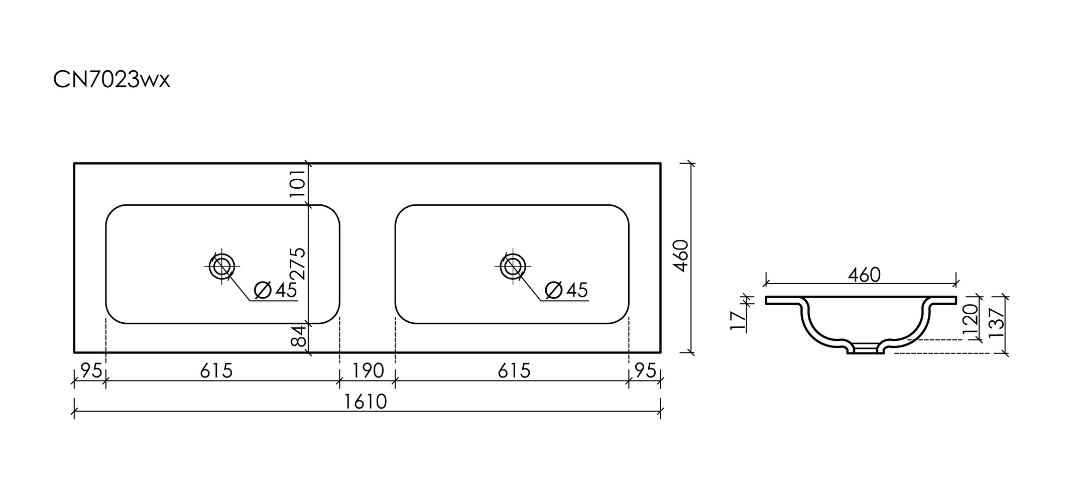 Раковина накладная мебельная Ceramicanova Грация (Grace) прямоугольная 1610x457x137 с двумя чашами без отверстий под смеситель цвет белый CN7023wx, артикул CN7023wx