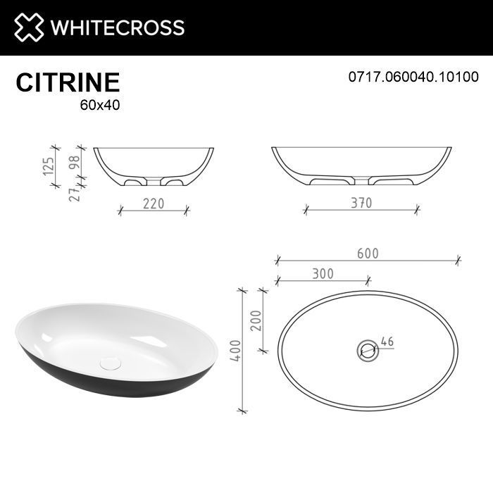 Умывальник WHITECROSS Citrine 60x40 (черный/белый глянец) иск. камень Умывальник WHITECROSS Citrine 60x40 (черный/белый глянец) иск. камень