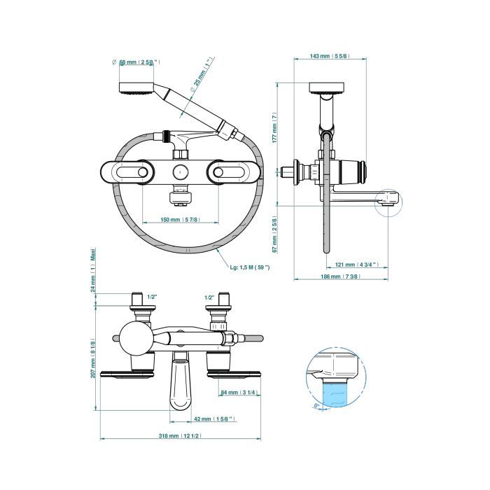 THG CORVAIR A MANETTES FIOR DI BOSCO Смеситель для ванны настенный, с ручным душем и шлангом 1500 мм., цвет полированное золото