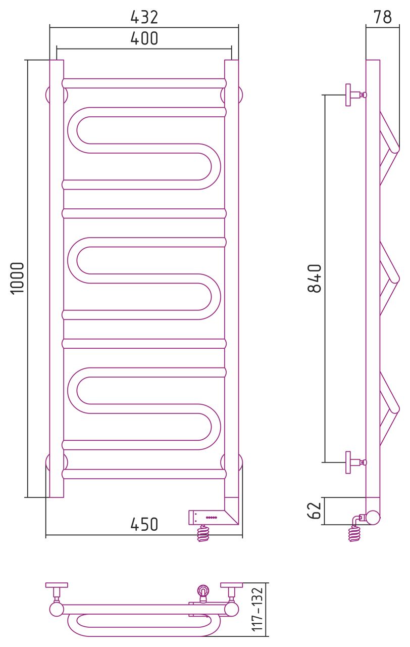 Полотенцесушитель электрический "ЭЛЕГИЯ 2.0" 1000х400 / МЭМ правый (Без покрытия)