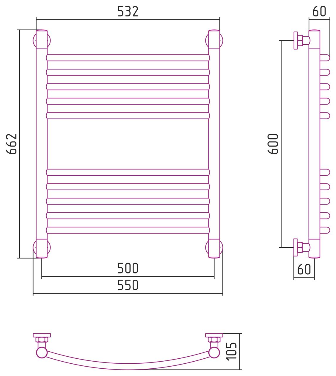 Полотенцесушитель, Сунержа, Богема +, выгнутая, водяной, ширина, мм-550, глубина, мм-105, высота, мм-662, межосевое расстояние-500, подключение-диагональное/нижнее/вертикальное, мощность, Вт-357, присоединительный размер-НР G 1/2" / НР G 3/4" (эксцентрик) Полотенцесушитель, Сунержа, Богема +, выгнутая, водяной, ширина, мм-550, глубина, мм-105, высота, мм-662, межосевое расстояние-500, подключение-диагональное/нижнее/вертикальное, мощность, Вт-357, присоединительный размер-НР G 1/2" / НР G 3/4" (эксцентрик)