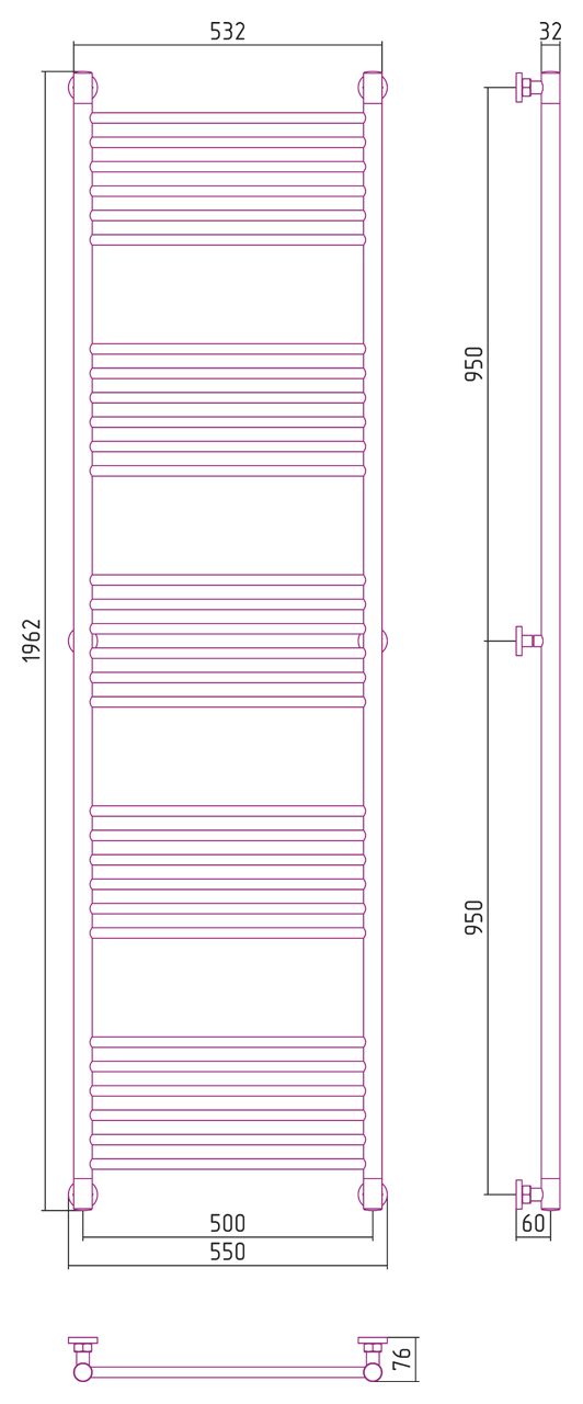 Полотенцесушитель водяной "Богема+" прямая 1900х500 (САТИН)