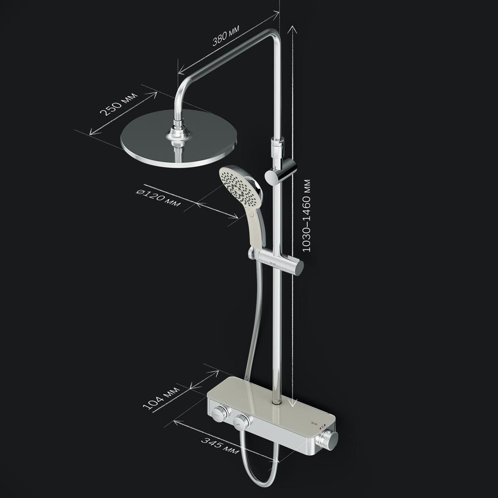 F0750A400 Inspire V2.0, душевая система, набор: см-ль д/душа с термостатом, верхний душ d 250 мм, ру F0750A400 Inspire V2.0, душевая система, набор: см-ль д/душа с термостатом, верхний душ d 250 мм, ру