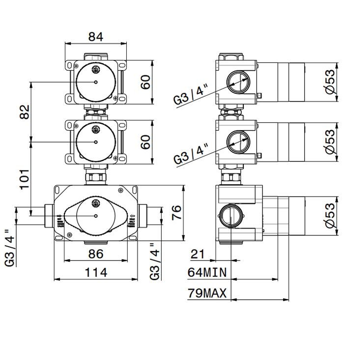 Newform Встраиваемая часть термостатического смесителя 3/4"на 2 источника