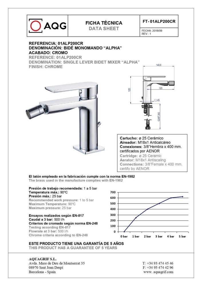 AQG Alpha, однорычажный смеситель для биде без донного клапана, цвет хром, артикул 01ALP200CR