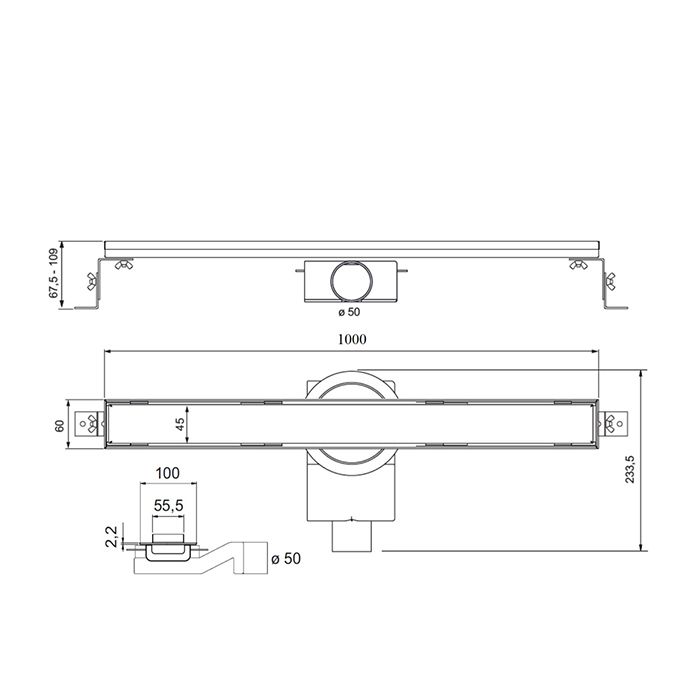 Plumberia Selection Трап душевой PS LINEAR 6x100 2устор. накладка из нерж.стали, комбинир.затвор с горизонт. Выпуском Ду 50мм,40л/мин, золото браш.