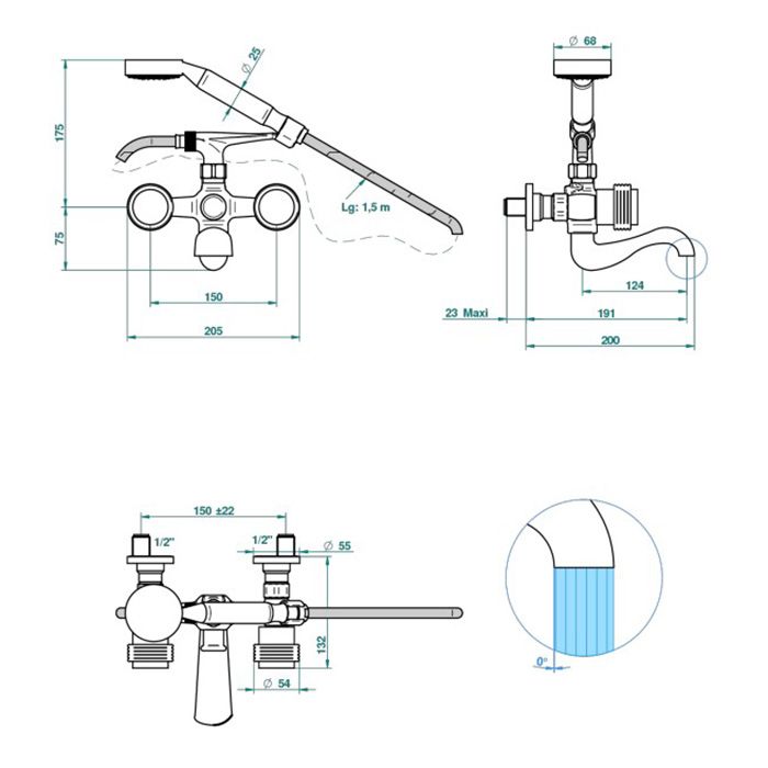 THG DIPLOMATE GROOVED RINGS Смеситель для ванны, настенный монтаж, с ручным душем и шлангом 1500 мм., цвет хром/золото
