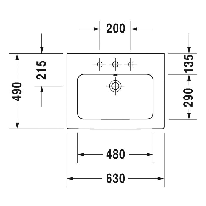 Duravit ME by Starck Раковина для мебели с перел., с 3 отв. под смес., 630x490мм, Цвет: Белый