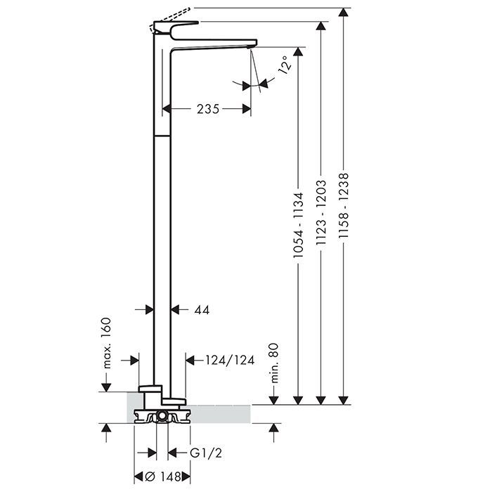 HG Metropol Смеситель для раковины, напольный, без сливного гарнитура, излив 235мм, цвет: хром HG Metropol Смеситель для раковины, напольный, без сливного гарнитура, излив 235мм, цвет: хром