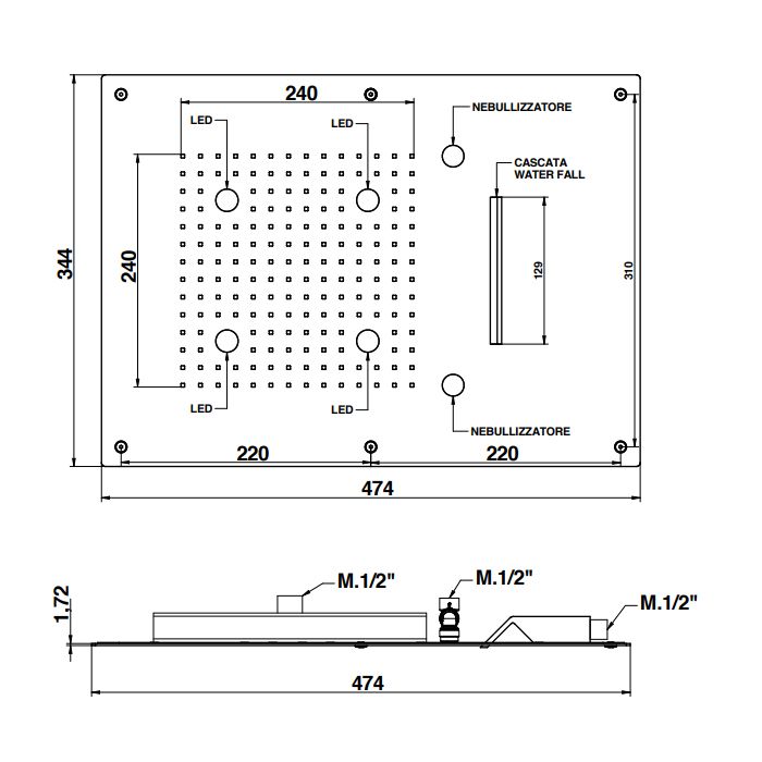 Bongio Soffioni Верхний душ 474х344 мм, прямоугольный головка ливня потолка с дождем, водопад, распыление и функция хромотерапия, цвет золото
