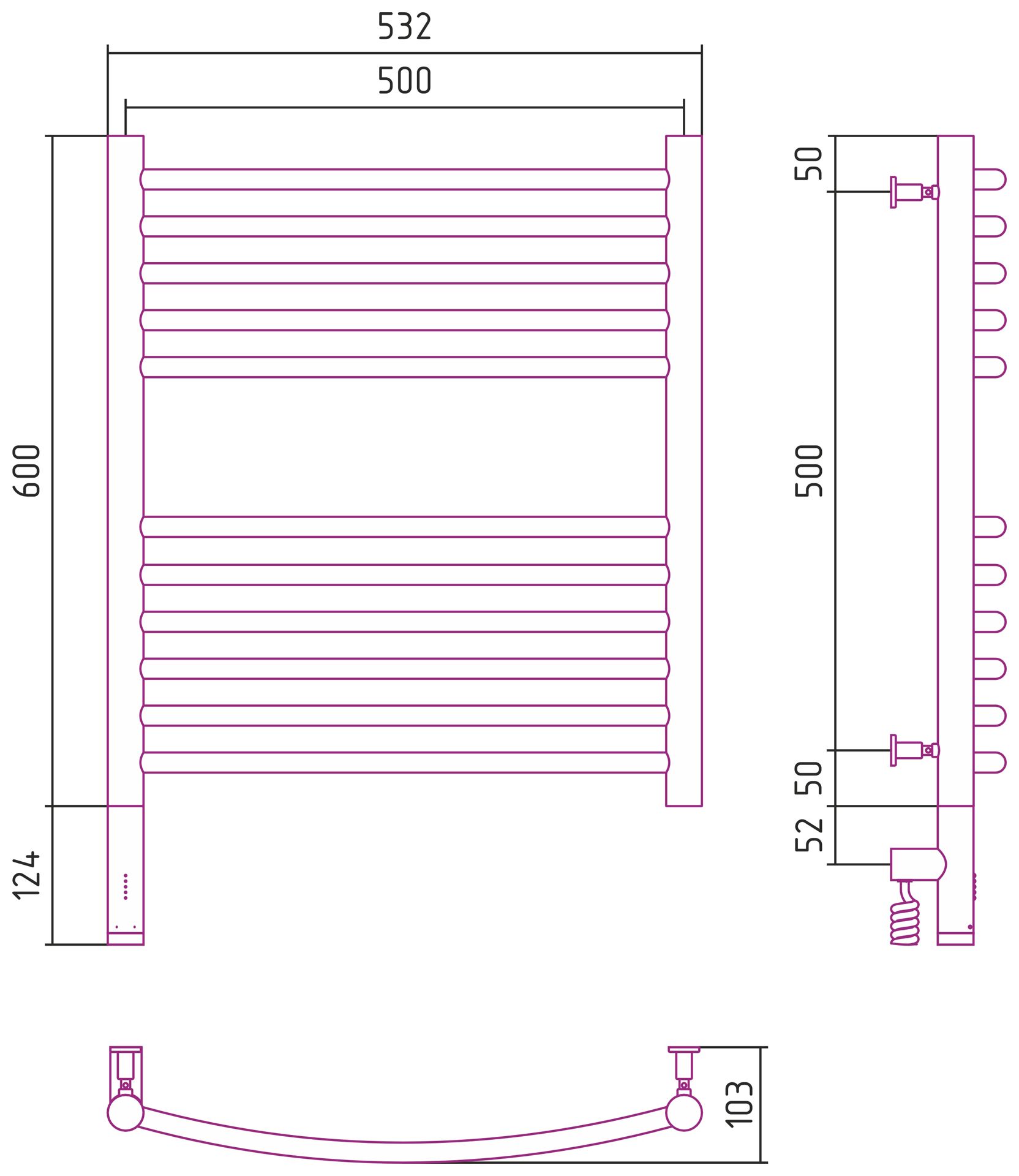 Полотенцесушитель, Сунержа, Богема 3.0, электрический, ширина, мм-532, глубина, мм-103, высота, мм-724, межосевое расстояние-500, подключение-нижнее слева, электрокомплект-МЭМ, мощность, Вт-300, материал-нержавеющая сталь, цвет-сталь
