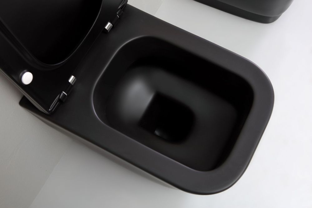 White Ceramic Idea, комплект подвесного безободкового унитаза с быстросъемным ультратонким сиденьем микролифт, цвет черный матовый, артикул W10003SET05/Idea