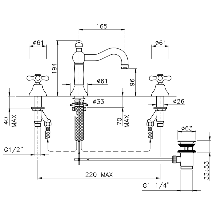 Nicolazzi Nuova Brenta Смеситель для раковины на 3 отверстия, с донным клапаном, излив: 165мм, цвет: хром