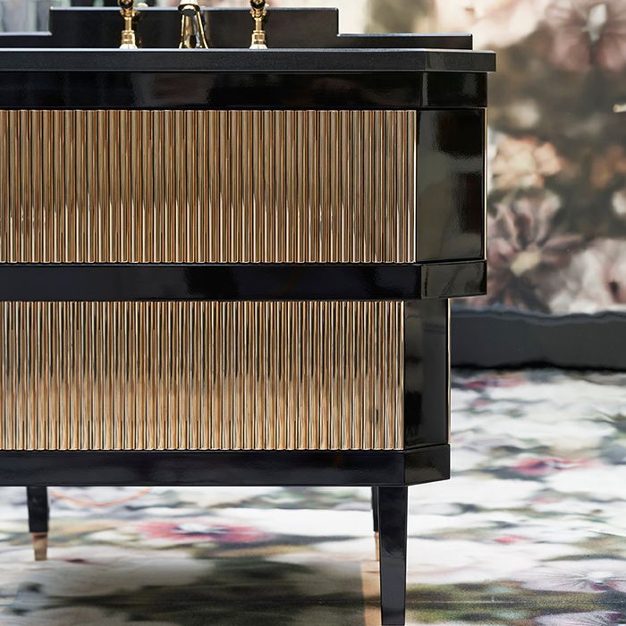 Devon&Devon Metropolitan Тумба под раковину DEEP BLACK 88,5см, планками светл золото, столешница  GRANITO NERO ASSOLUTO, раковина SWINDON черная, артикул METOTGRNSNE