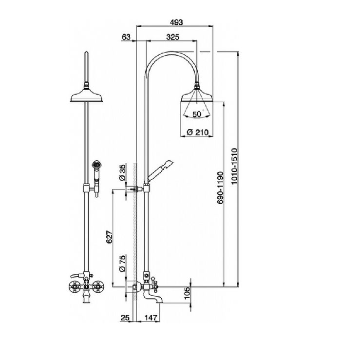 CISAL ARCANA Смеситель для ванны с душевой стойкой, верхним душем Ø200 мм., ручным душем и шлангом 1500 мм.. цвет Old Bronze, артикул AC00415127