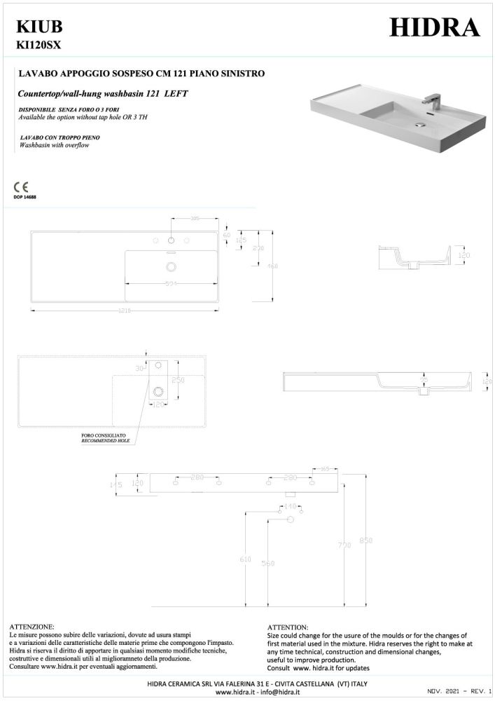 Hidra Kiub, накладная/подвесная прямоугольная раковина 121x46x12h см, чаша справа, цвет черный матовый, артикул KI120SX/026