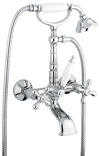 Emmevi Deco Old, двухвентильный смеситель для ванны (излив 14 см), с набором для душа (лейка и дивертер с белой ручкой), цвет хром