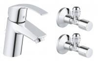 Смеситель для раковины GROHE Eurosmart New с угловыми вентилями (2 шт.) и донным клапаном, хром (23588000) Смеситель для раковины GROHE Eurosmart New с угловыми вентилями (2 шт.) и донным клапаном, хром (23588000)
