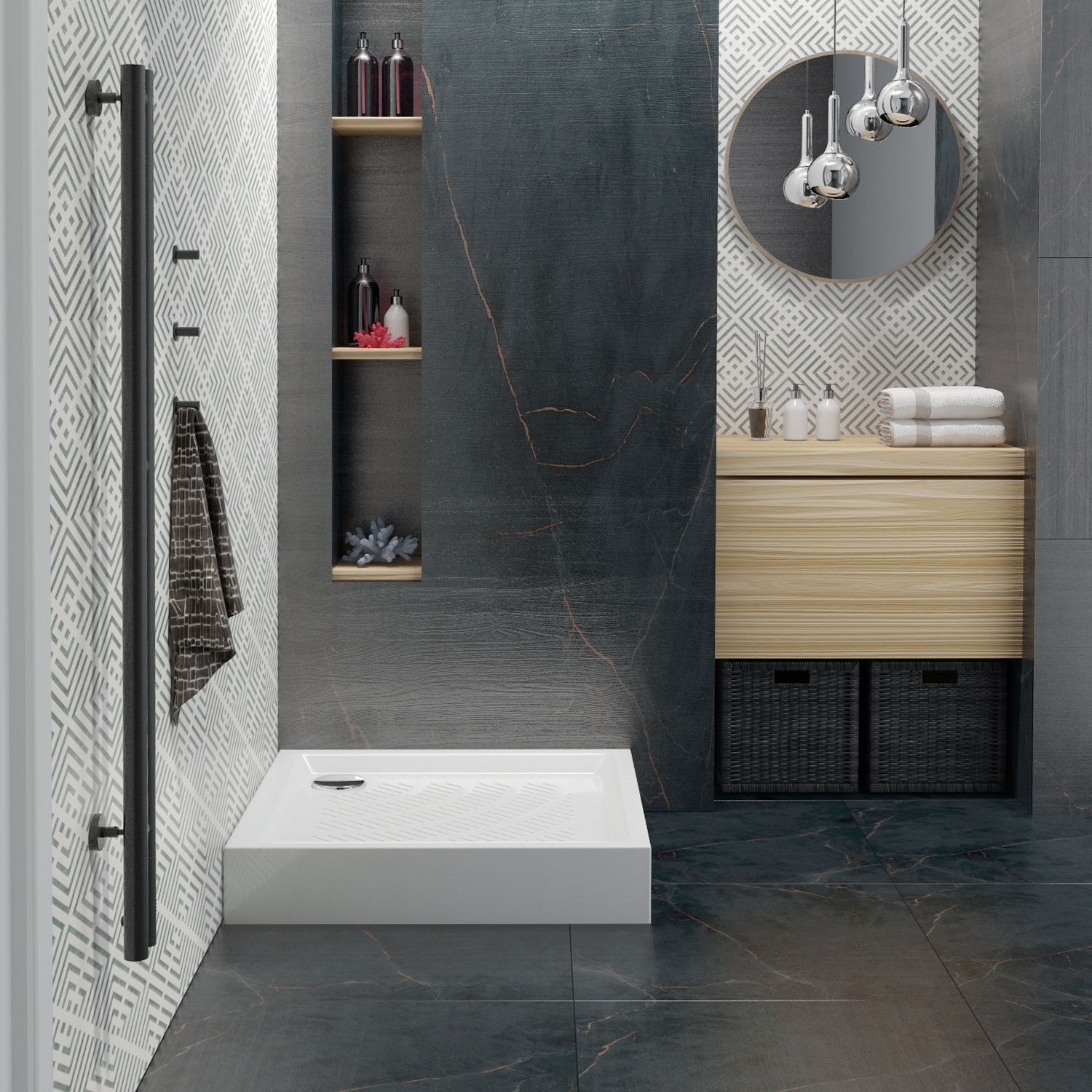 Комплект квадратного душевого поддона с сифоном Lavinia Boho Rock 3707380S, 80 х 80 см