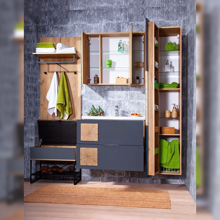 Зеркальный шкаф Бриклаер Форест 80 с подсветкой Антрацит со вставкой Пенёк