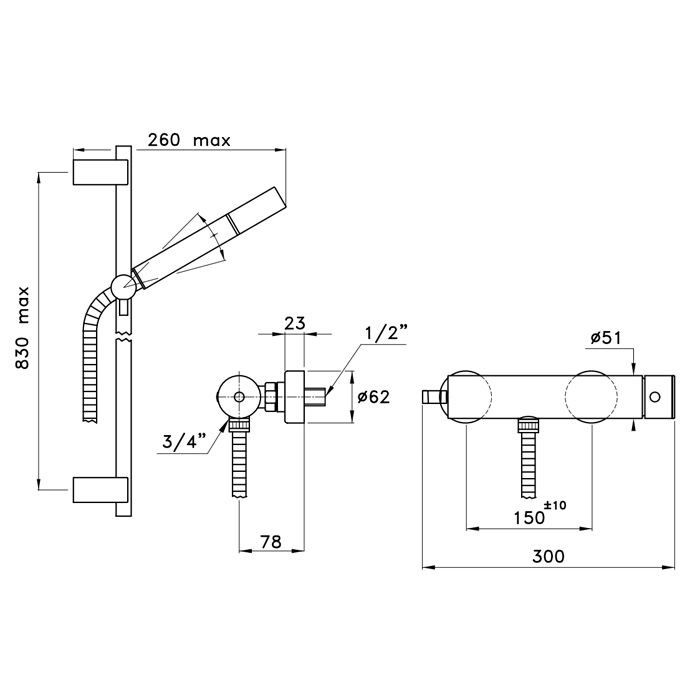 Stella Bamboo Душевой комплект 3283AC/302-6: смеситель, штанга+ручной душ, цвет: хром