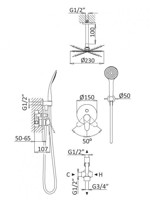 Душевая система с дивиатором для верхнего и ручного душа CEZARES CZR-B-DSIS