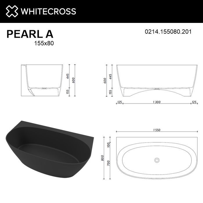 Ванна WHITECROSS Pearl A 155x80 (черный мат) иск. камень