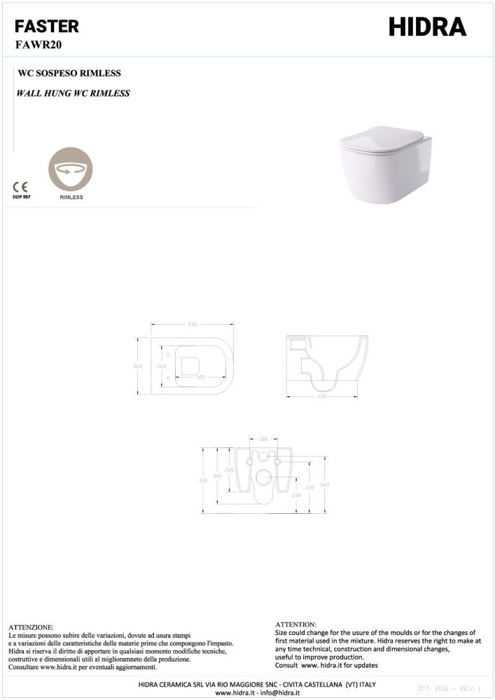 Hidra Faster, подвесной безободковый унитаз c крепежом, 53x36,5 см, цвет белый глянцевый, артикул FAWR20/001