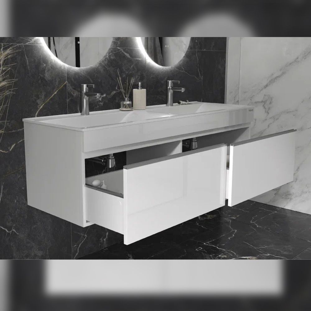 Тумба под раковину подвесная Velvex Pulsus tp.PUL.PUL.140.2Y белый глянец, 140 см, артикул tp.PUL.PUL.140.2Y белый глянец