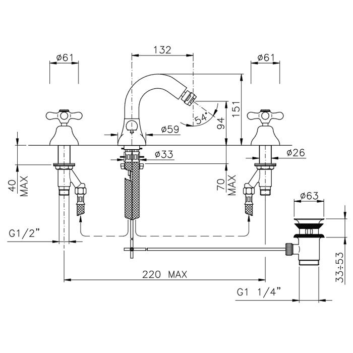 Nicolazzi Nuova Brenta Смеситель для биде на 3 отверстия, с донным клапаном, излив: 132мм, цвет: бронза