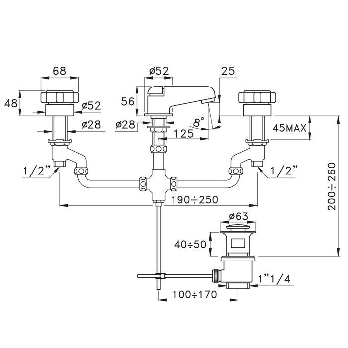 Stella Aster Смеситель для раковины на 3 отверстия 3224, с донным клапаном, цвет: хром