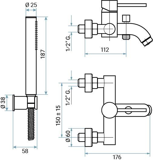 Emmevi Piper, однорычажный смеситель для ванны (излив 17,6 см), с набором для душа, цвет хром