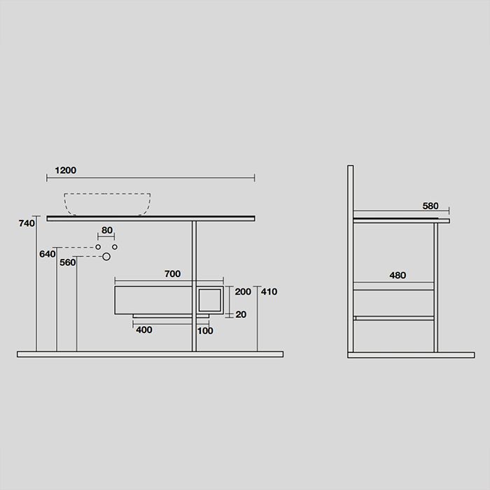 KERASAN THELMA  Структура металлическая напольная 120х74 см, нерж сталь, с полкой,ящиком, с отв под раковину,полотенц., цвет белый мат/черный матовый