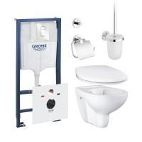 Готовый набор для туалета GROHE Bau Ceramic: унитаз подвесной, инсталляция GROHE Rapid SL с панелью Arena Cosmopolitan S, сиденье и аксессуары (NW0048)