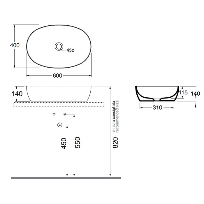 AZZURRA ELEGANCE CIRCLE раковина накладная 60х40х14см без отв. под смеситель , без перелива. цвет Cacao
