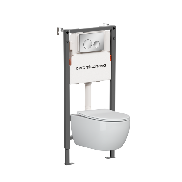 Комплект Подвесной унитаз Игра (Play) Безободковый (Rimless) + Система инсталляции Баланс (Balance) кнопка Круг (Circle), хром глянцевый