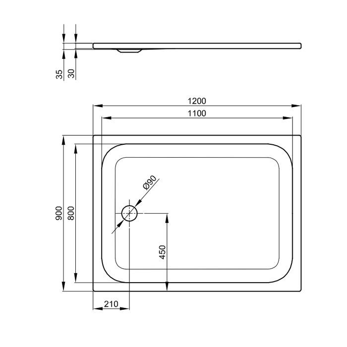 BETTE Душевой поддон прямоугольный суперплосский 120х90хh3,5см, D=90 мм, цвет: белый