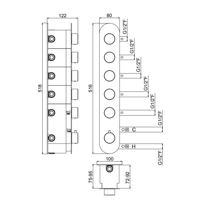 Смеситель для душа, Carimali, ILTONDO, на 5 потребителей, тип регулирования воды-термостатический картридж, монтаж-настенный встраиваемый, отверстия для монтажа-6, внутренняя часть-необходимо заказать, цвет-хром