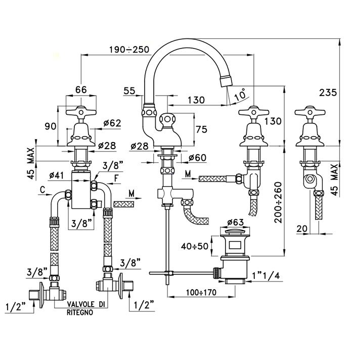 Stella Italica Смеситель для раковины на 3 отверстия 3225TC, с донным клапаном, цвет: хром